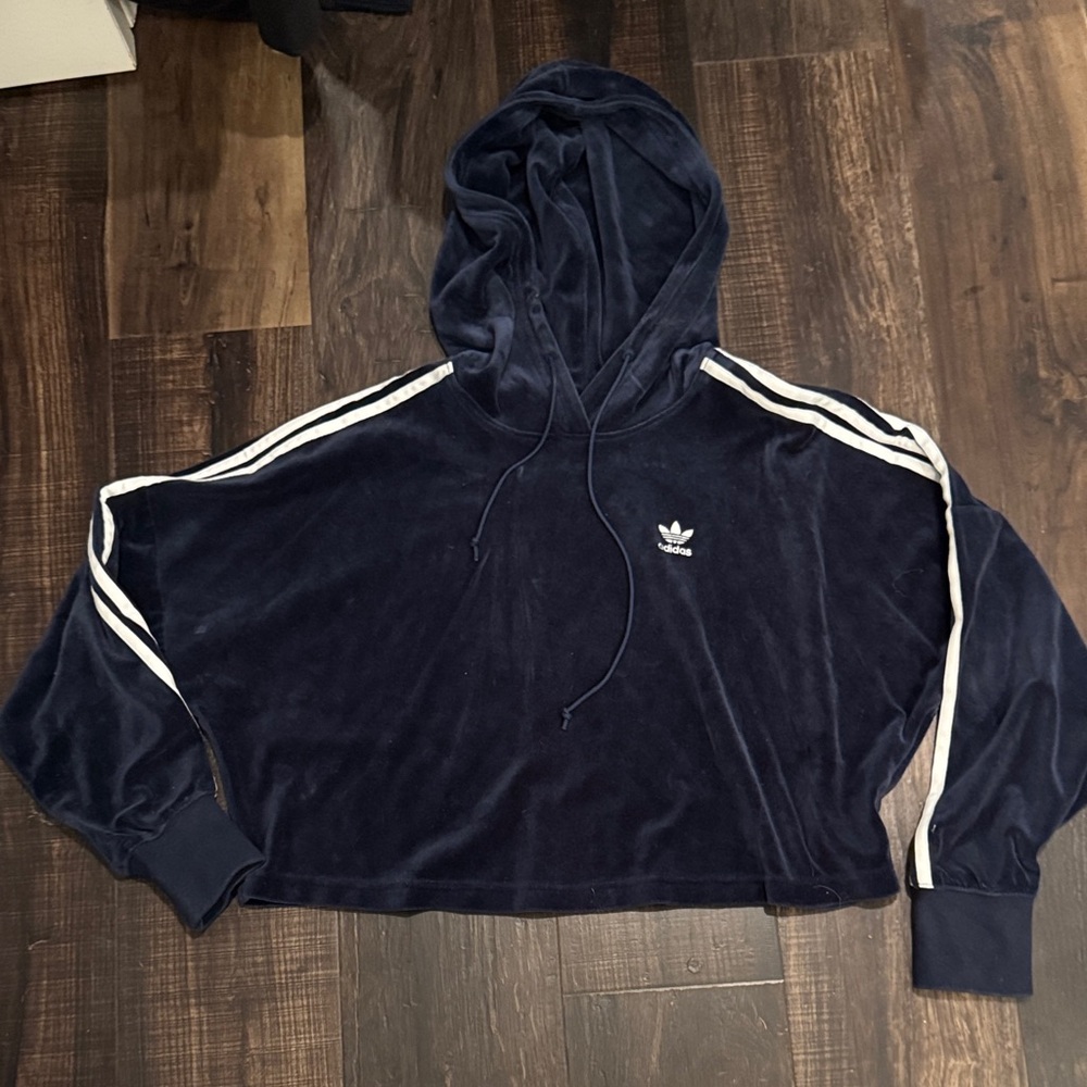 Adidas Dark Blue Velour Cropped Hoodie with White Stripes